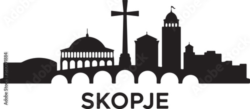 Skopje Skyline Silhouette Stone Bridge Millennium Cross North Macedonian City Vector in Black