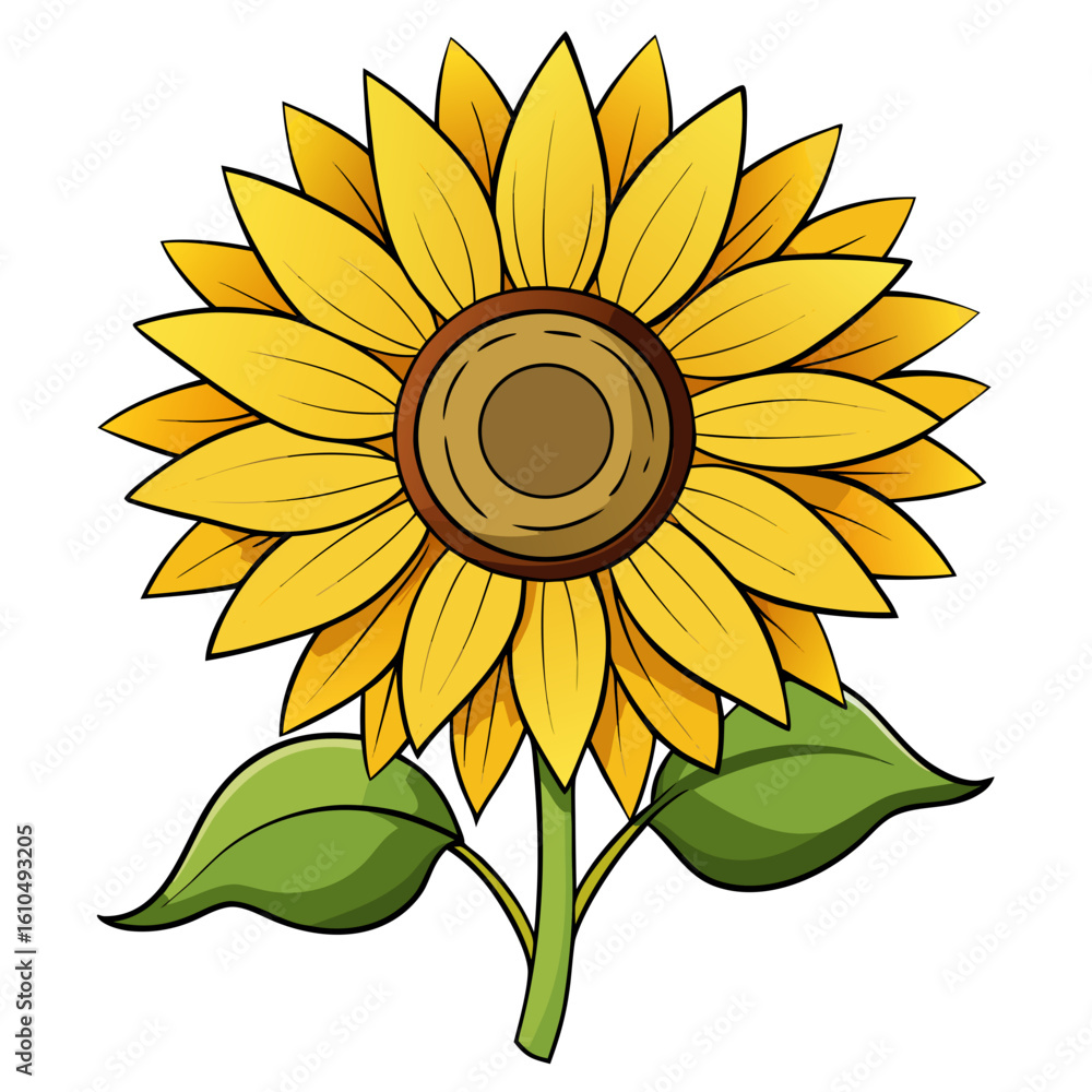 Fototapeta premium Cheerful Sunflower Illustration with Bright Yellow Petals and Green Leaves on a White Background