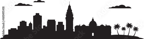Montevideo Skyline Silhouette Palacio Salvo Beachfront Uruguayan Capital Vector in Flat Black Design