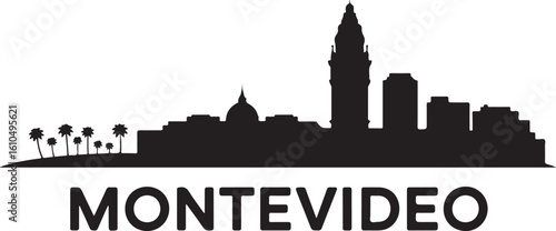 Montevideo Skyline Silhouette Palacio Salvo Beachfront Uruguayan Capital Vector in Flat Black Design