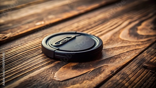 Black Snus Can on Rustic Wooden Table Close Up View