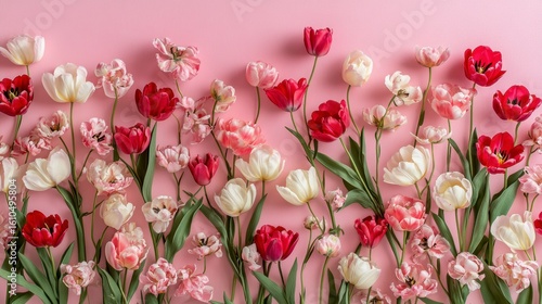 Flat lay of red, pink, and white tulips arranged on a pink background.