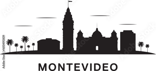 Montevideo Skyline Silhouette Palacio Salvo Beachfront Uruguayan Capital Vector in Flat Black Design