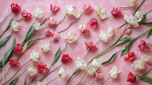 Flat lay of pink and white tulips arranged on a pink background.