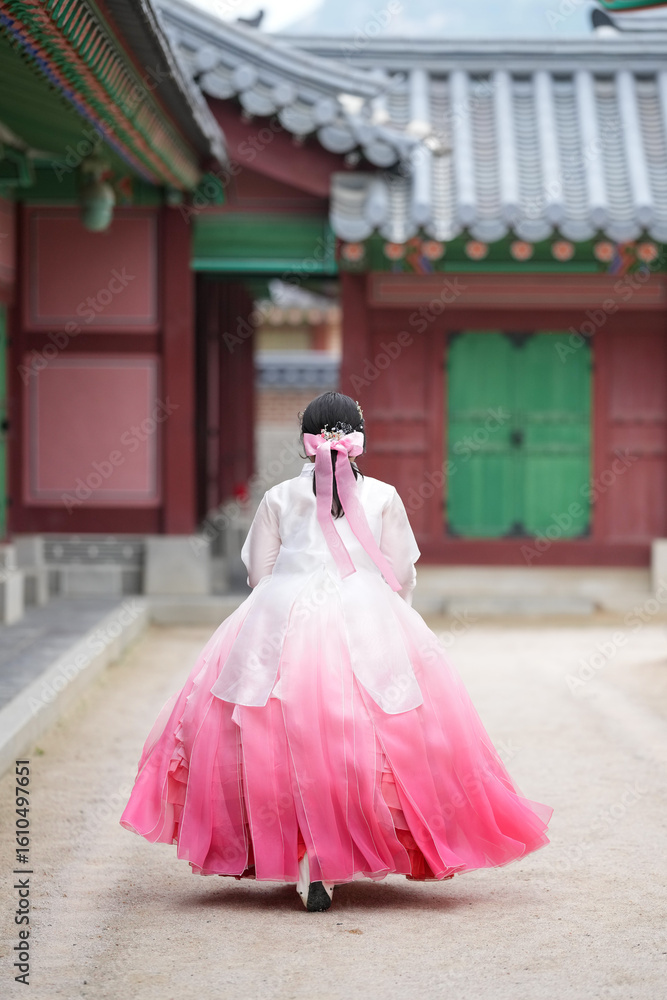 Fototapeta premium In Seoul in June 2025, two Korean women in their twenties wearing pink and sky-blue hanbok stand in front of the traditional brick gate of Gyeongbokgung Palace, their poise echoing ancient grace.