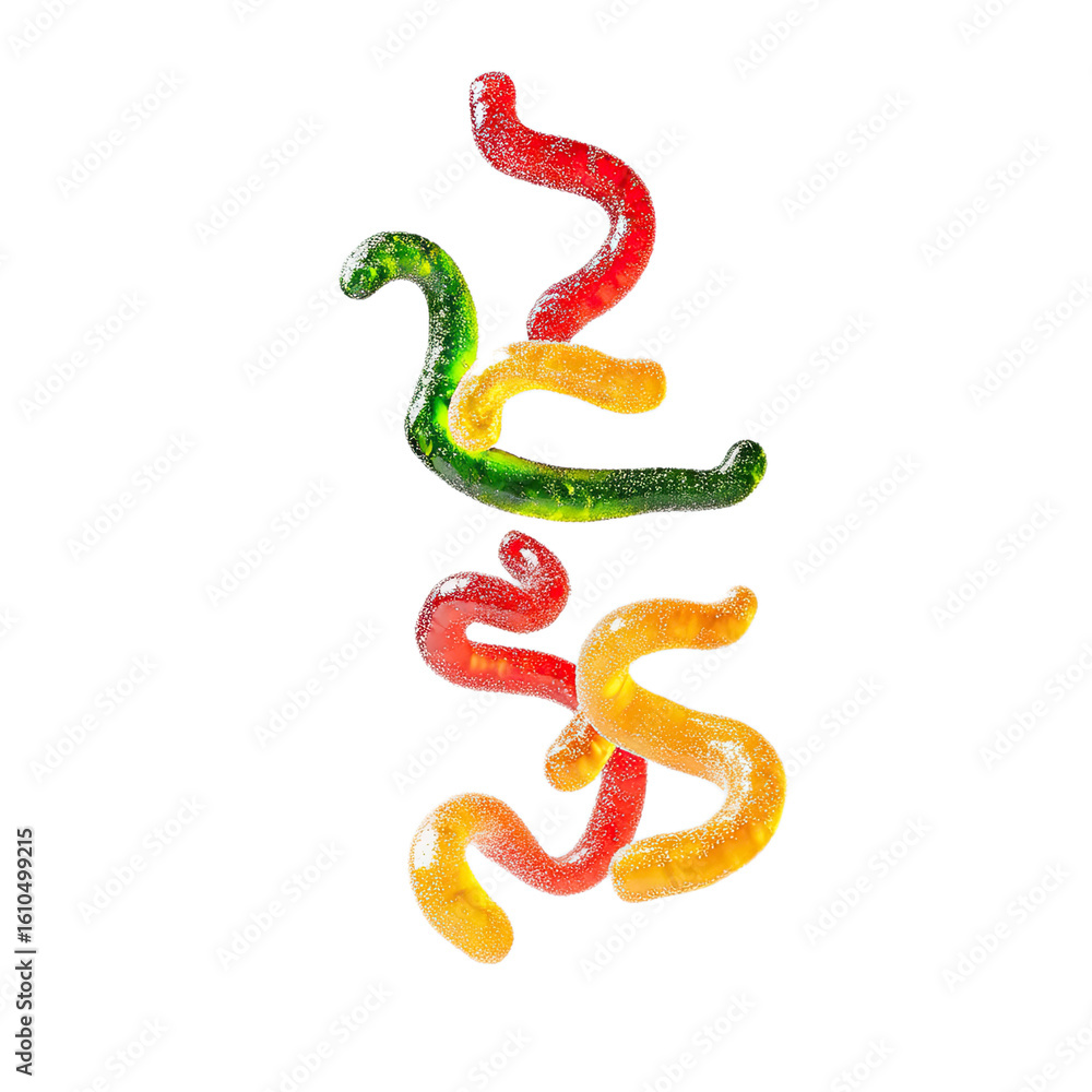Naklejka premium Colorful gummy worms in a playful arrangement isolated on transparent background