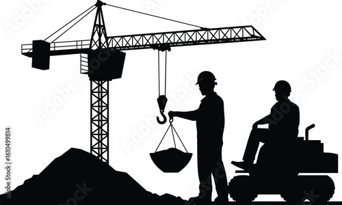 Construction site silhouette with crane, workers, heavy equipment, lifting load, industrial machinery, black vector illustration, hard hat safety