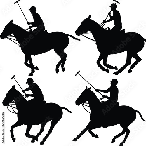 Silhouette of polo players on horses, action sport vector illustration, horseback riding game, competitive polo scene, black graphic