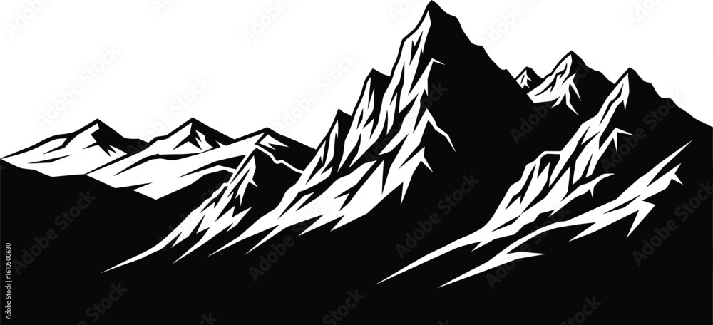 Fototapeta premium Vector art of a striking black silhouette of jagged mountain peaks against a backdrop, , conveying a sense of rugged wilderness