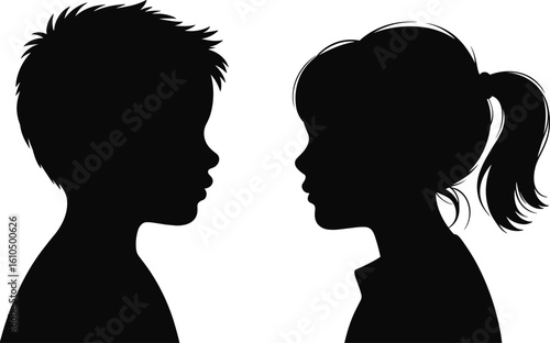 Silhouette of boy and girl, kids profile vector, child faces side view, children illustration, black isolated figure