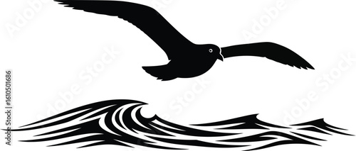 Vector art of a seagull gracefully soars above stylized ocean waves
