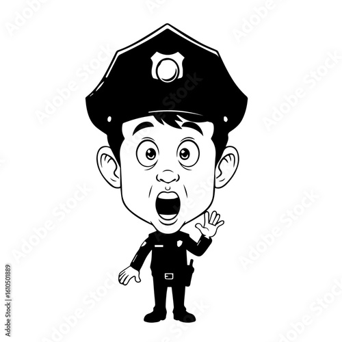 Cartoon Police Officer with Surprised Expression, Large Head, and Uniform