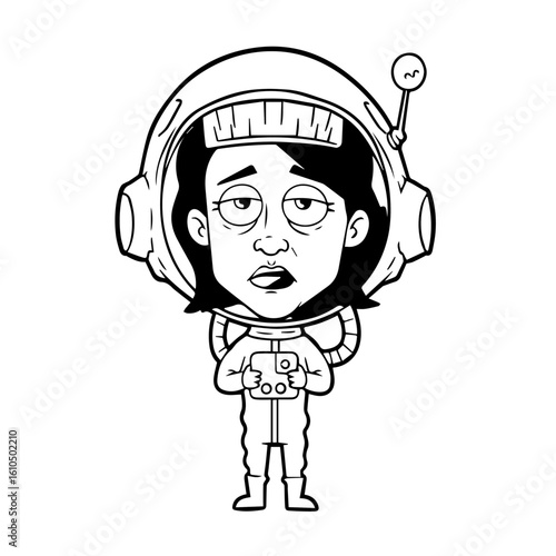 Bored Female Astronaut in Helmet Holding Device