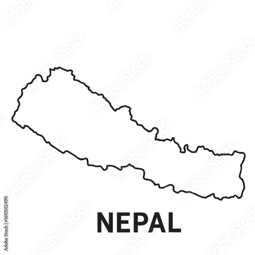 Black and white vector map of Nepal, outlined in solid black, presenting a clean and minimal visual of the country’s territory and unique Himalayan region.
