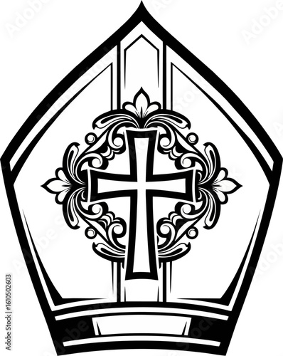 Black and White Bishop Mitre Line Art with Ornate Cross – Religious Vector Illustration