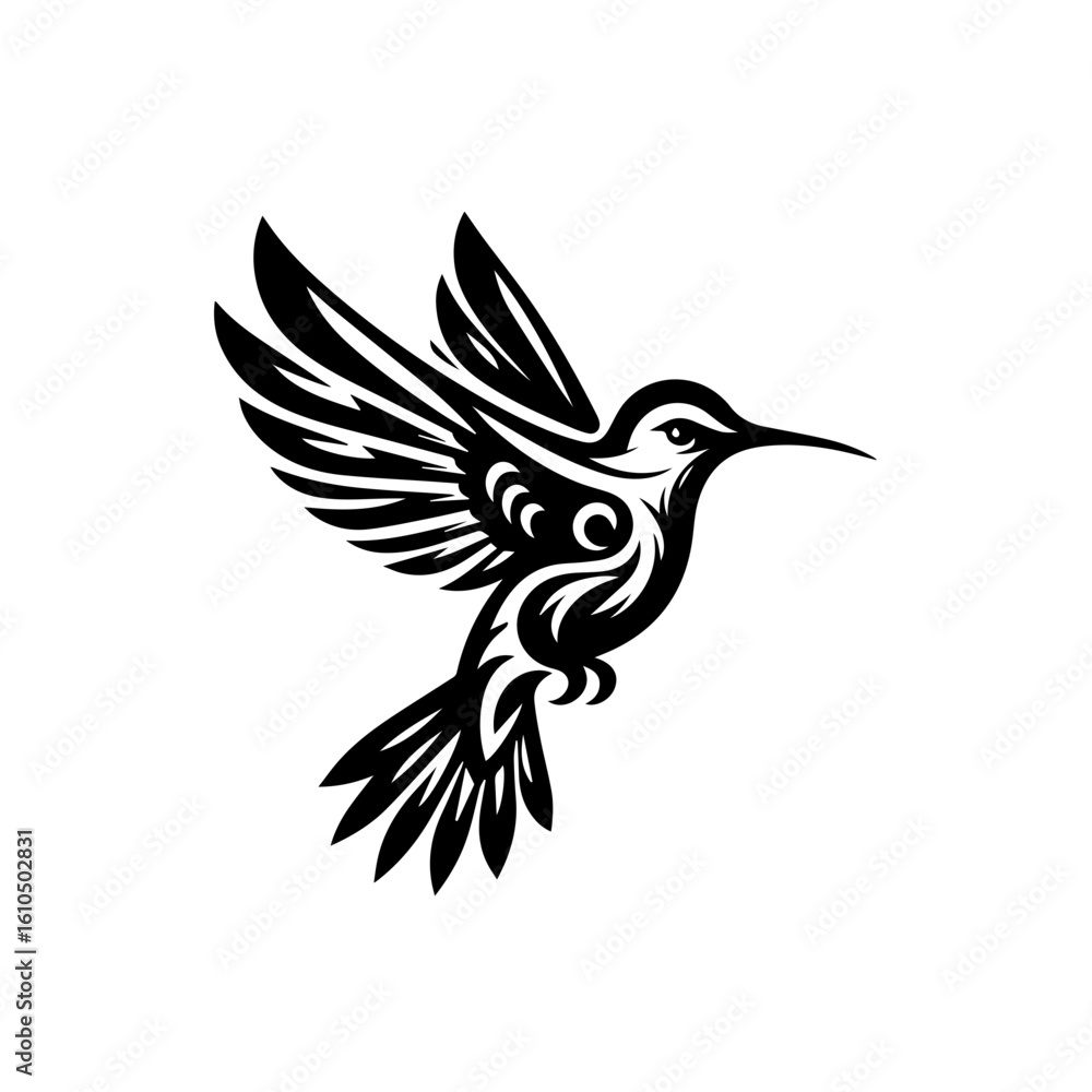 Obraz premium A stylized black hummingbird in flight, isolated on white