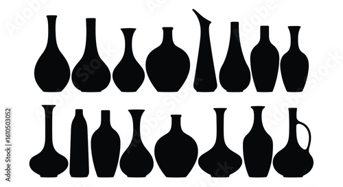 Collection of Vase Silhouettes on White Background Decorative Pottery Minimalist Design Antique Vessels Contemporary Art Diverse Shapes and Sizes
