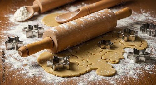 Baking cookies with a rolling pin flour and star shaped cookie cutters holiday preparation on a rustic wooden surface festive season