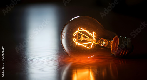 Illuminated Vintage Edison Light Bulb on Dark Surface with Warm Glow