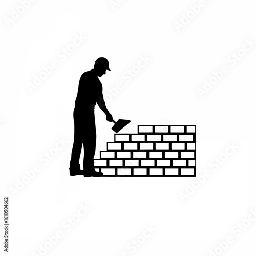 Silhouette of bricklayer with trowel and brick in hand on white background
