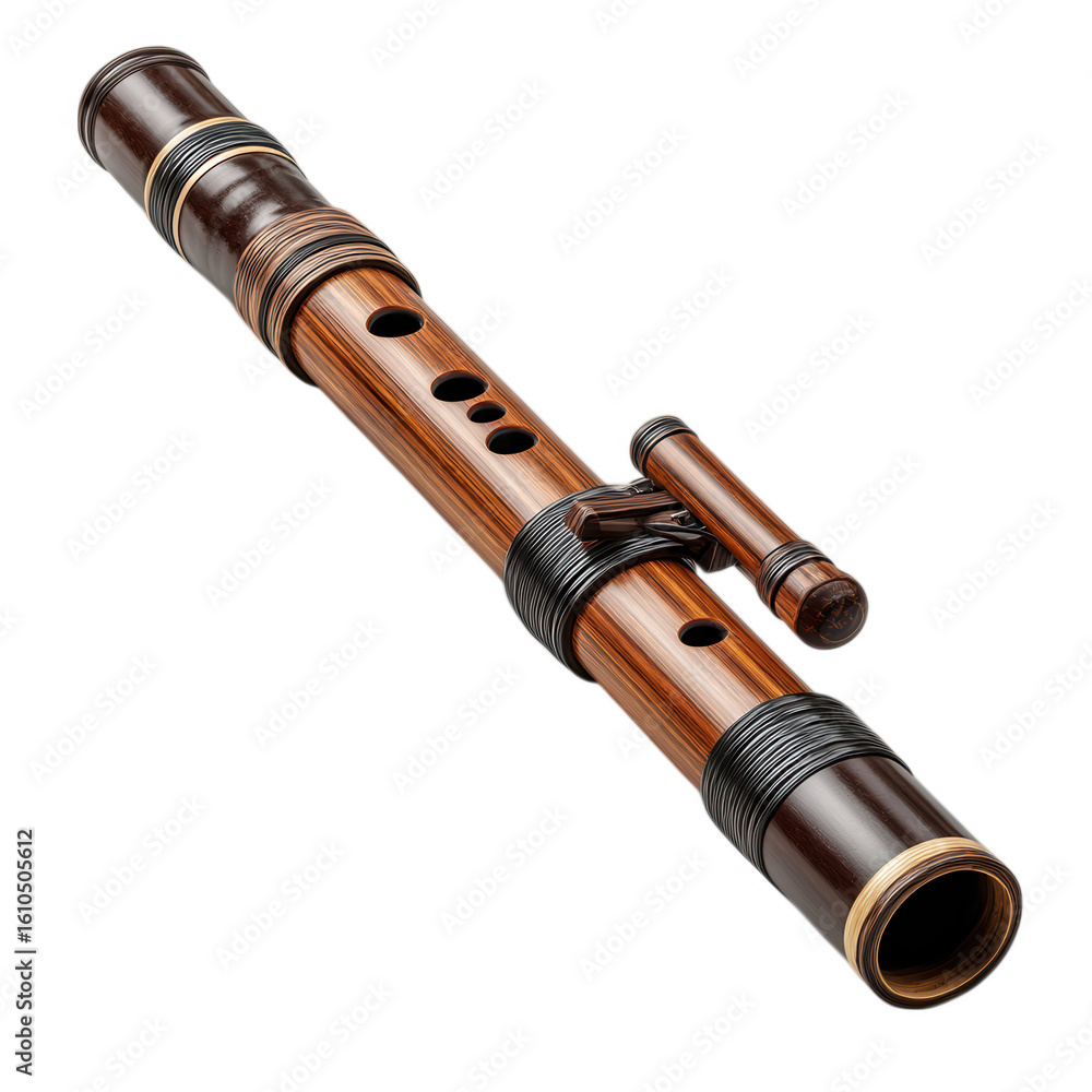 Naklejka premium A brown bamboo transverse flute with black bindings is isolated on transparent background, showcasing its traditional design and craftsmanship