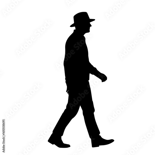 Silhouette of a Walking Man Wearing a Fedora Hat in Profile
