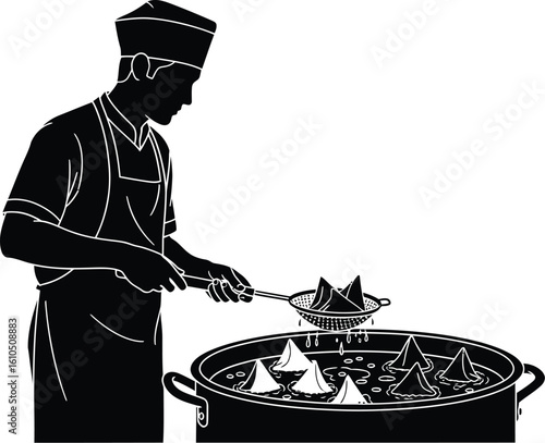 Vector art of a chef frying samosas in a large pot 
