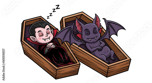 Charming illustration of a young vampire and a bat friend sleeping soundly in their coffins, a whimsical nocturnal scene.