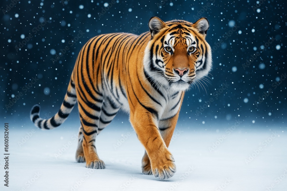 Obraz premium Majestic tiger walking confidently through snowy forest at night with falling snow and soft light on dark blue background. Ai generative. Ai generative
