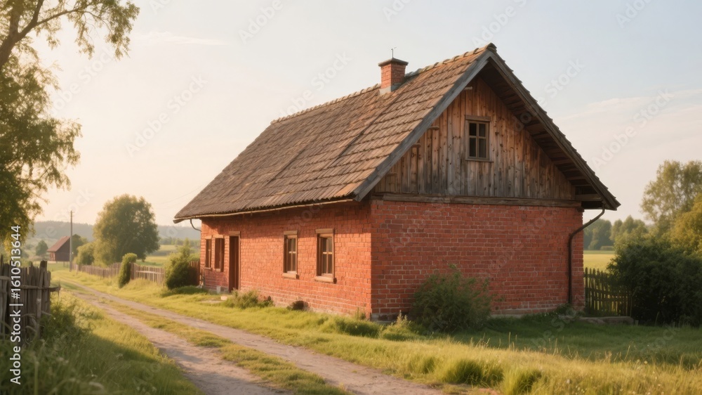 Rustic Brick House with Thatched Roof in a Serene Countryside Setting Rustic Brick House with Thatched Roof in a Serene Countryside Setting