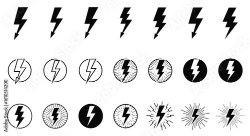Collection of Black Lightning Bolt Icons Symbolizing Power Energy and Electric Shock Designs for Creative Projects and Presentations