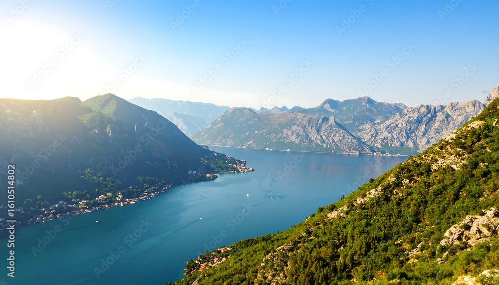 Naklejka premium Scenic view of Kotor Bay, Montenegro, showcasing the mountains and turquoise waters