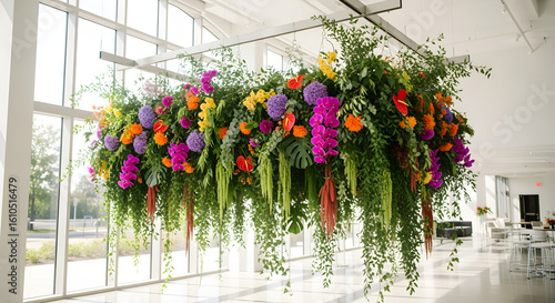 Large Colorful Floral Arrangement Hanging in Modern Bright Interior