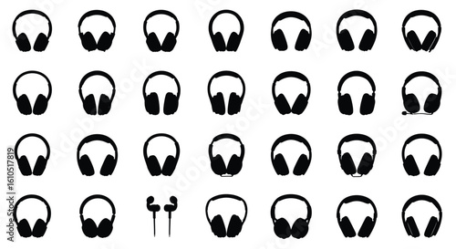 Collection of black headphone icons in various styles on a white background representing audio technology and listening devices for music or communication