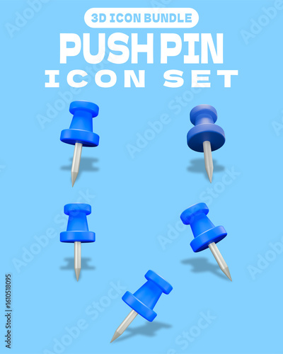 3D Blue Push Pin Icon Bundle