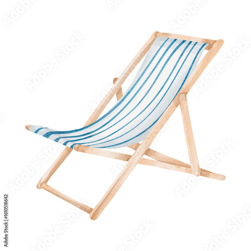 Watercolor illustration of a striped beach deck chair for summer vacation and travel design, isolated on a white background