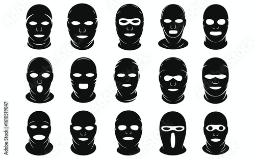 Ski Mask Silhouette Grid – 16 Expressive Variants for Crime, Costume & Subculture Design