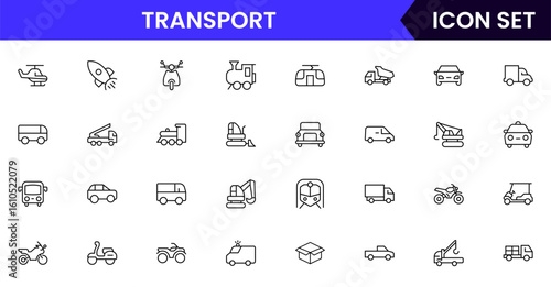 Transport vector line icons featuring cars, buses, trains, airplanes, bicycles, shipping, logistics, maps, routes, and travel infrastructure symbols.