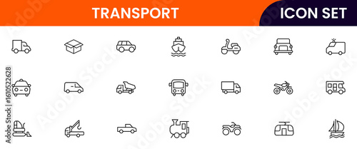 Transport vector line icons featuring cars, buses, trains, airplanes, bicycles, shipping, logistics, maps, routes, and travel infrastructure symbols.