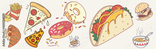 Culinary Collage: An enticing assortment of iconic foods come together in a mouthwatering graphic, evoking cravings and celebrating diverse culinary experiences.