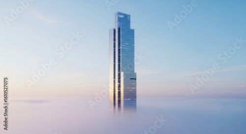 Tall skyscraper emerging from fog cityscape aerial view