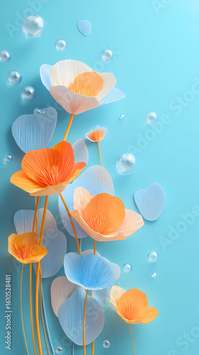 Delicate abstract floral arrangement with floating petals and water droplets on a soft blue background