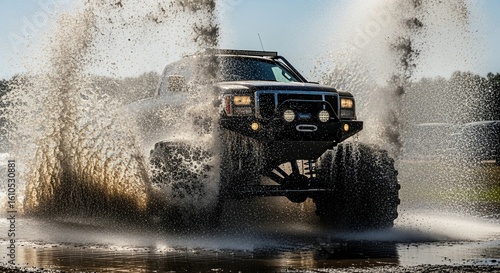 Powerful black monster truck splashing through muddy water with high spray
