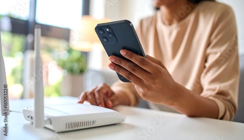 Woman using smartphone near wifi router
