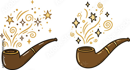 Decorative smoking pipes with whimsical smoke patterns and stars  