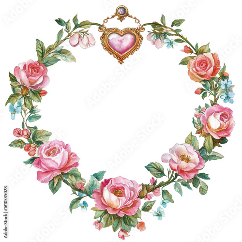Wallpaper Mural Heart shaped locket is surrounded by wreath of pink roses and green leaves, creating romantic and vintage floral design. delicate flowers and intricate details evoke sense of elegance and charm Torontodigital.ca