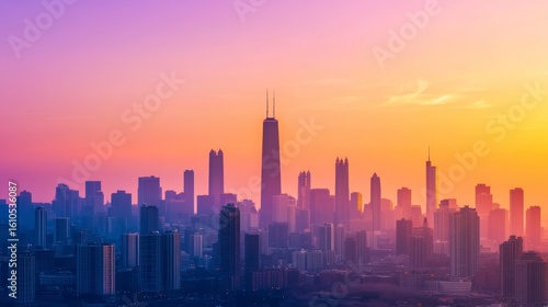 Wallpaper Mural Vibrant sunset cityscape skyline with hazy, colorful skyscrapers. Torontodigital.ca