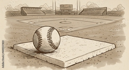 Baseball on Base Vintage Sepia Sketch at Field