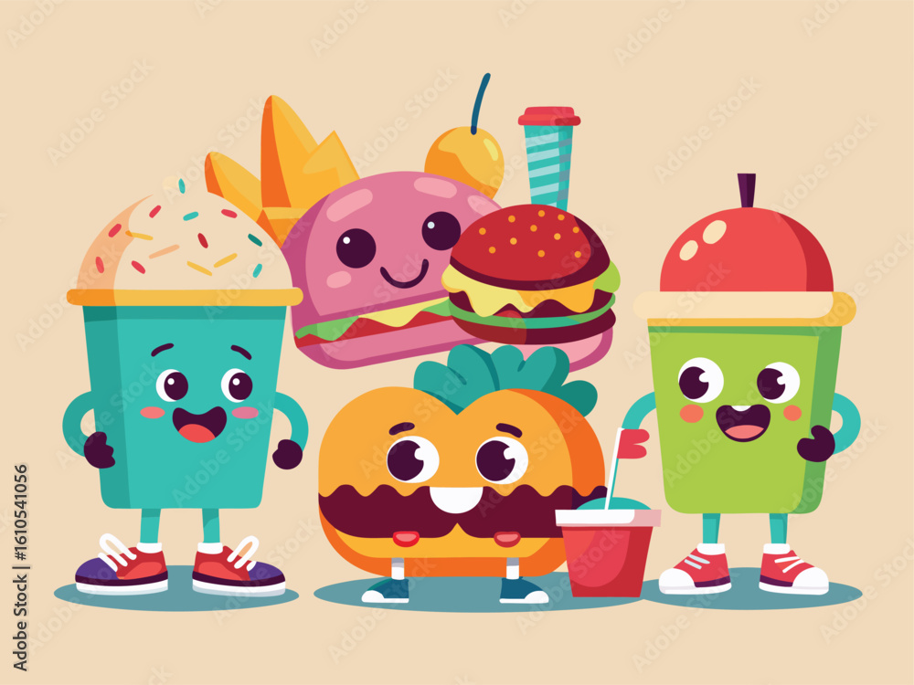 Naklejka premium Cartoon Fast Food Characters with Happy Faces