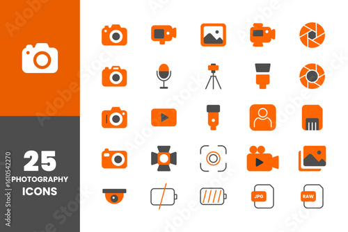 A modern set of 25 photography and videography orange color icons featuring cameras, lenses, tripods, flash, and more. Perfect for apps, websites, and creative digital projec